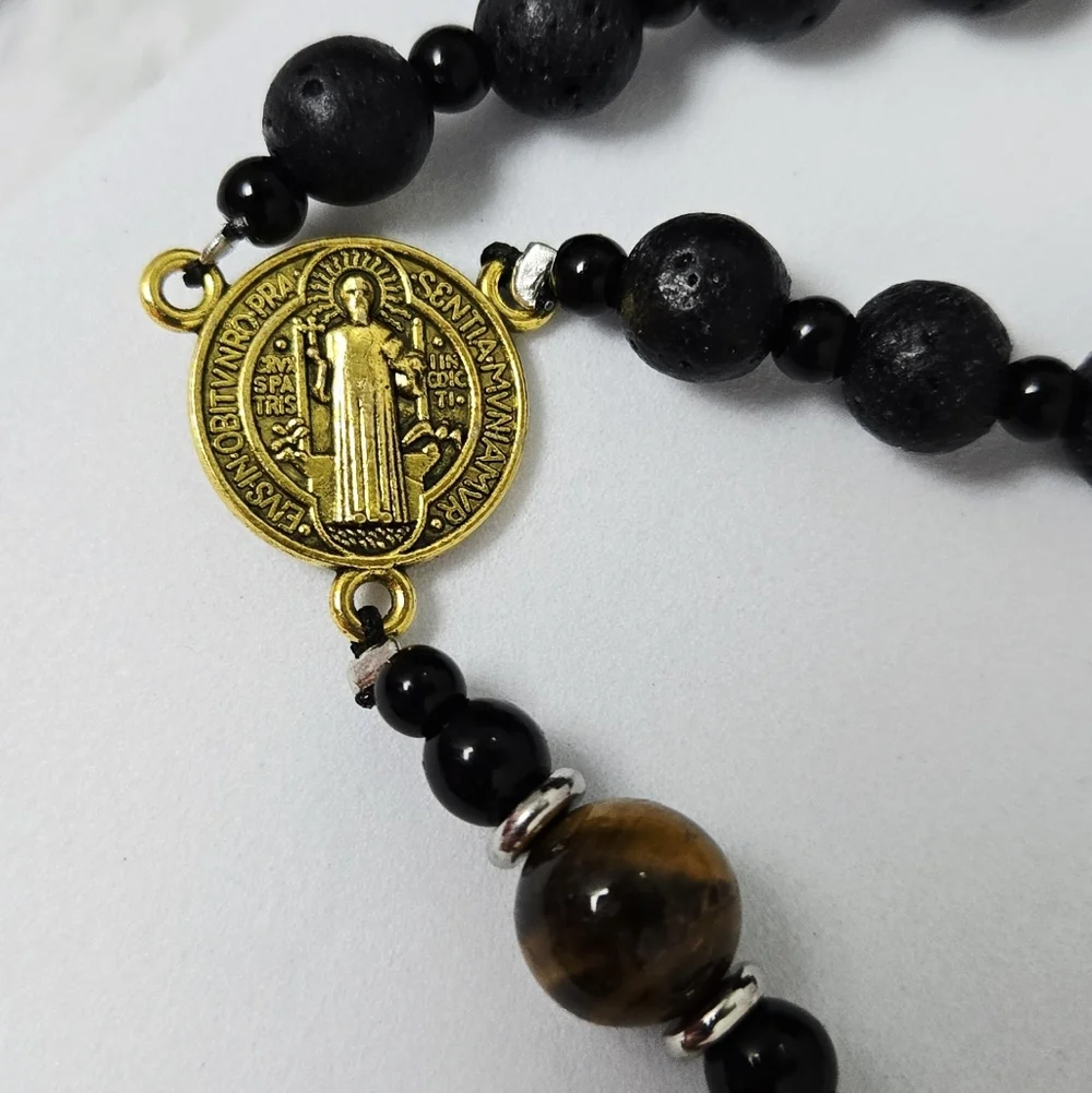 Tiger Eye Lava Stone Rosary Necklace St Benedict Medal Hematite Cross Masculine